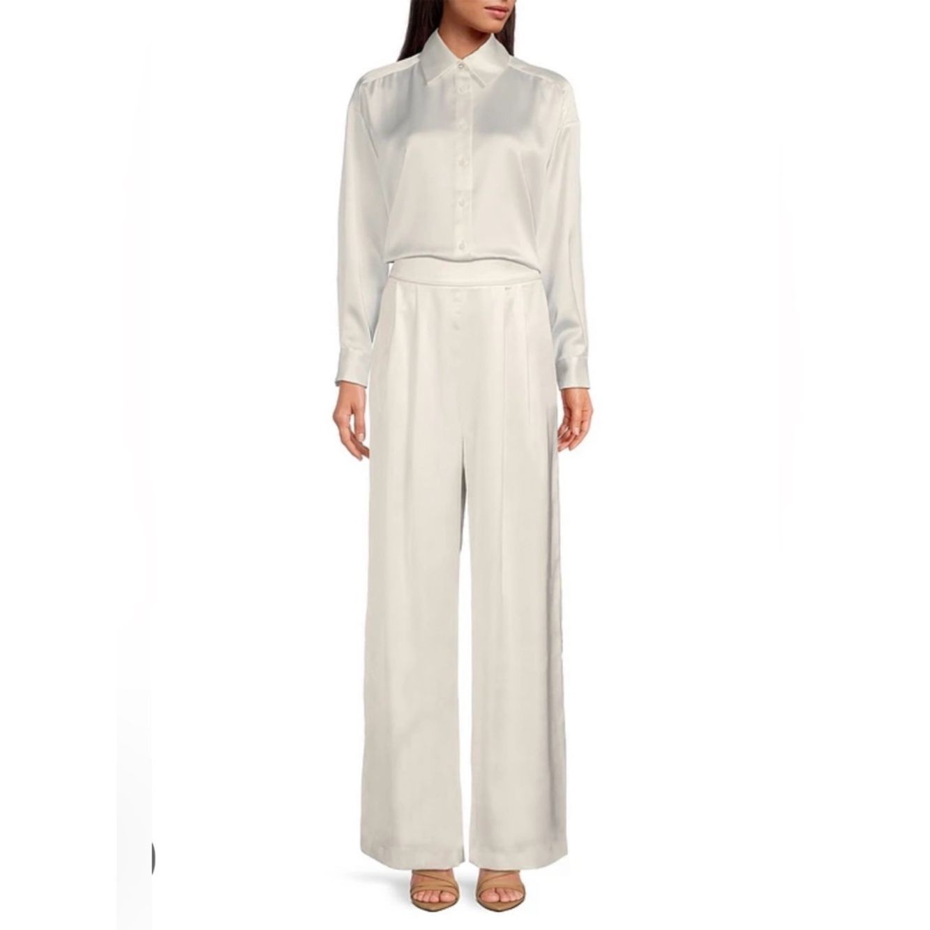 Gianni Bini Skylar Point Collar Button Front Long Sleeve Satin Blouse- Ivory